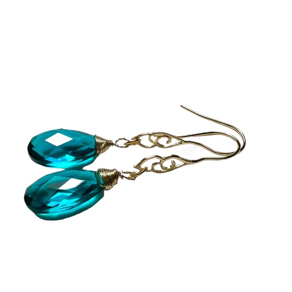 Paraiba Teal Tourmaline Earrings 14K Yellow Gold Vermeil , October Birthstone - Picture 5 of 7